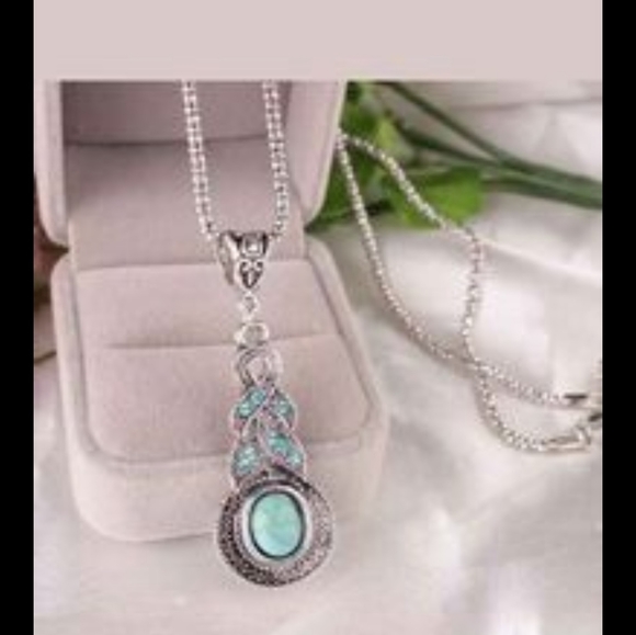 New turquoise color boho 20" 925 stamped necklace and earrings set - Picture 4 of 11